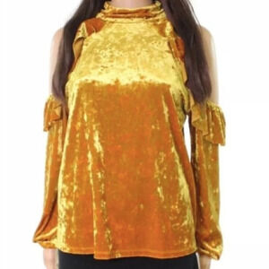 Free Press Gold Velvet Cold Shoulder Blouse Ruffle